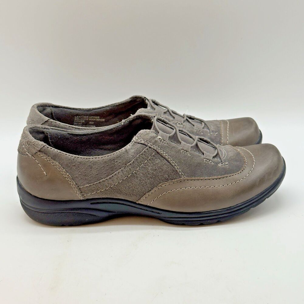 Earth Origins Dover Gray Leather & Suede Shoes Women's 8W Bungee Lace Slip on